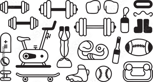 Various fitness gear and sporting goods, including dumbbells and football, are presented in black outline