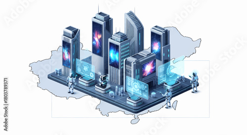 Futuristic Cityscape with Advanced Technology and Robotics in a Digital World