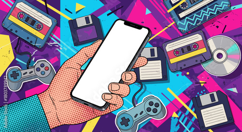 Retro futurism collage with halftone hand holding phone. Vector 80s 90s nostalgia mockup with neon shapes.