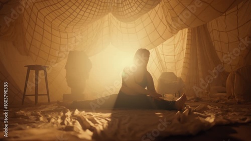 Wallpaper Mural Fitness for healthy life, overweight woman exercising in studio, doing split. Lady sitting on floor and stretching muscles, flexible body, sport and healthy lifestyle, body positivity and diversity Torontodigital.ca