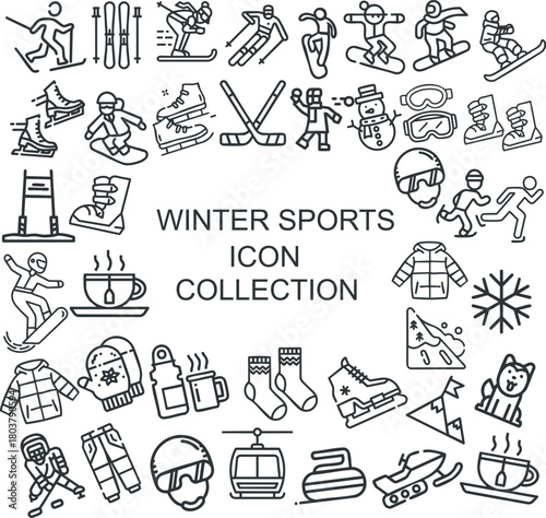 Winter sports icon collection doodle featuring skiing, snowboarding, skating, hockey, gear, and cozy winter elements. Trendy minimalist vector set perfect for sport design, apps, posters, and brand.
