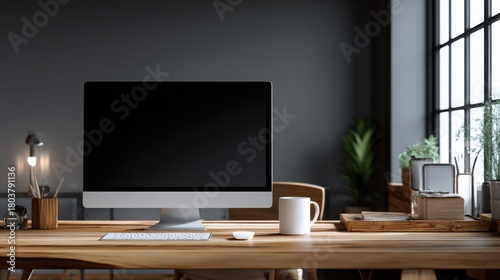 black blank screen computer mockup on a wooden desk with office, with copy space for text. background of a grey wall and window light.