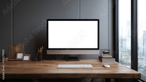 black blank screen computer mockup on a wooden desk with office, with copy space for text. background of a grey wall and window light.