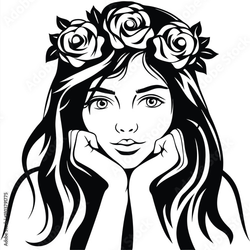Monochrome woman with rose crown rests her chin on her hands with confidence