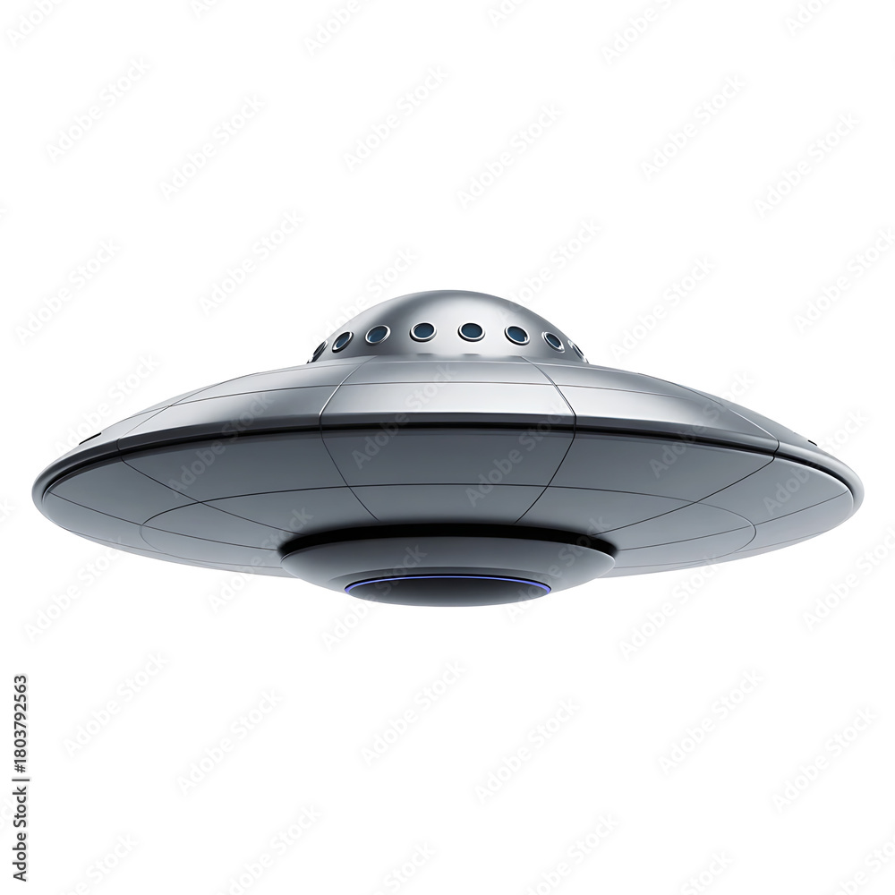 Obraz premium Classic silver flying saucer alien spacecraft with dome and lights isolated on transparent background
