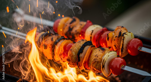 Fototapeta Naklejka Na Ścianę i Meble -  Delicious Vegetable Skewers Grilling Over Open Flames.