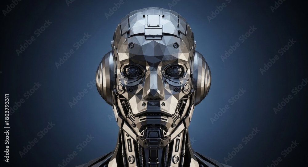Naklejka premium Intricate metallic robot head with detailed design, advanced technology concept on blue backdrop