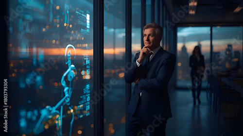 Contemplative ceo in modern office ponders use of ai technology to replace employees. He looks at futuristic data hologram with city view at dusk