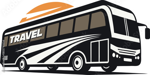 Stylized illustration of a black tour bus with the word TRAVEL travel transportation