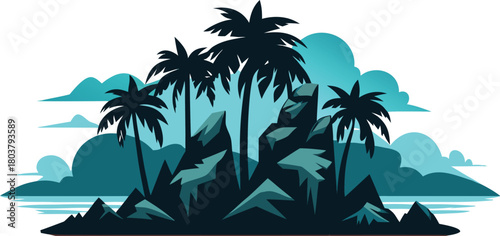 Tropical island with palm trees and rocky mountains illustration rocks