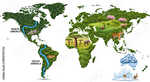 Vibrant Illustrated World Map Visualizing Earth's Diverse Ecosystems, Biomes, and Unique Wildlife Habitats Across Global Continents