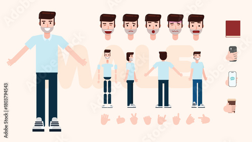 Flat Bearded Male Character – Rig-Ready Vector for Animation with Expression Pack