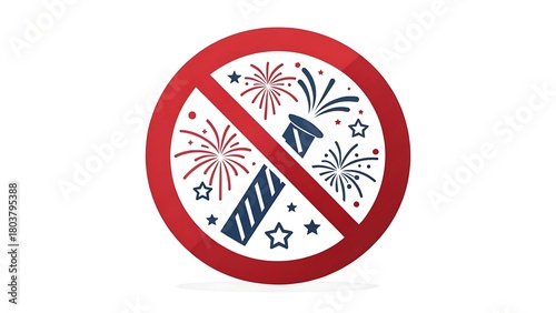 No Fireworks Prohibition Sign: Vector Icon with Rocket and Stars
