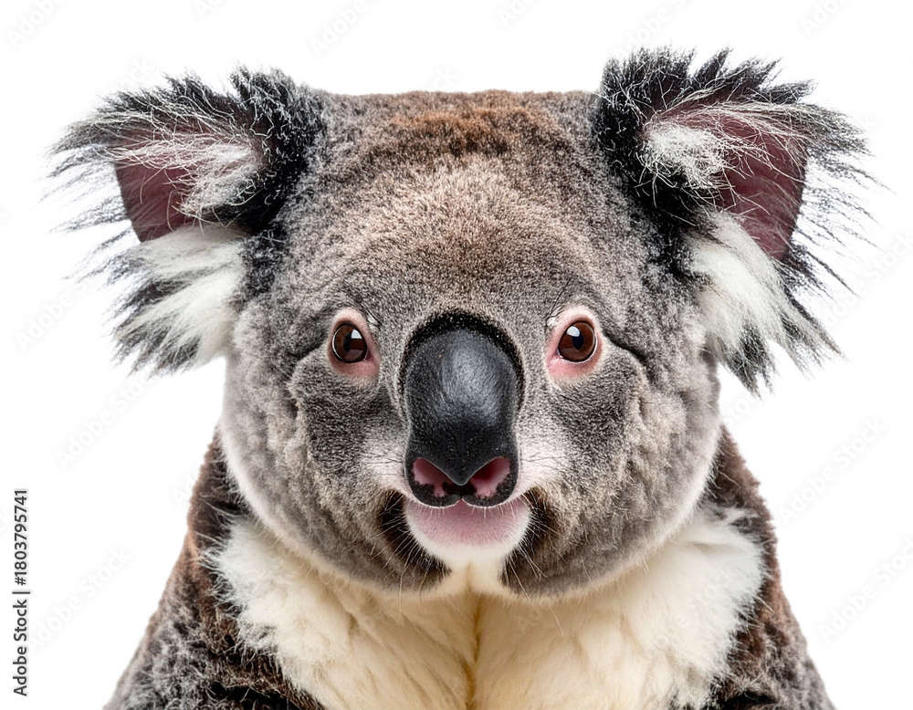 Fototapeta premium Koala bear portrait isolated on white background, transparent PNG