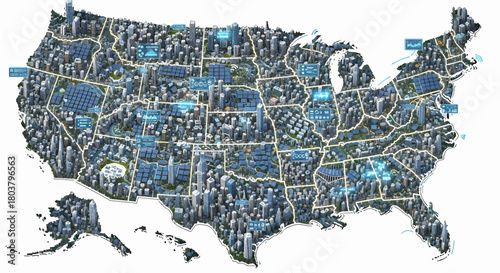 Detailed Illustration of the United States Cities, Structures, and Geographical Features