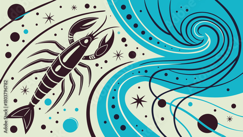 Stylized cancer zodiac sign with swirling water and celestial elements