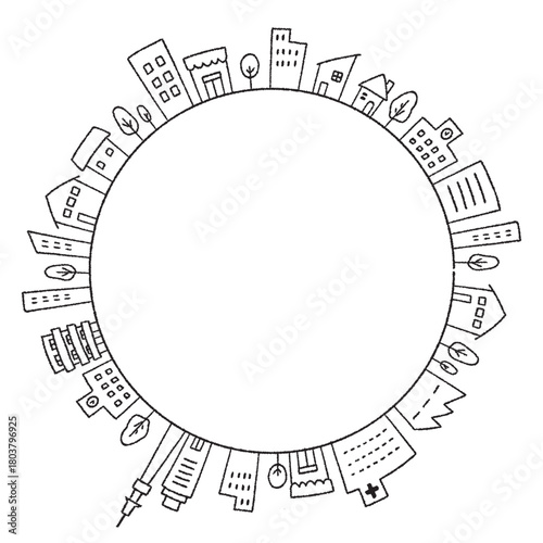 円形に広がる街並みの線画イラスト｜都市・住宅・建物のアイコン背景
