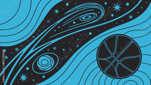 Abstract cosmic swirl with stars and planets in blue and black