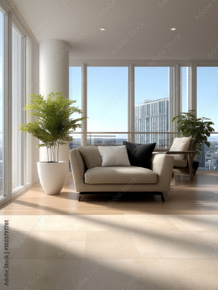 Fototapeta premium Modern apartment living room with large windows, beige armchair, potted plant, city view, and natural sunlight create calm atmosphere