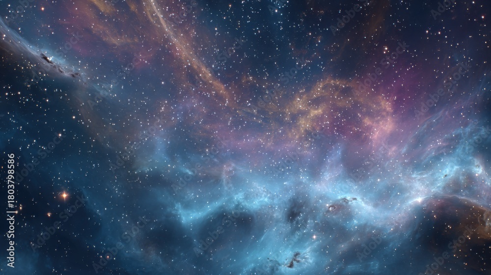 Naklejka premium Celestial scene shows vibrant colors and stars in a vast nebula against a dark cosmic background