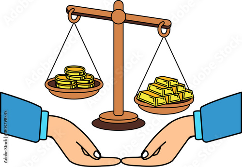two hands are holding and a scale with gold and coins