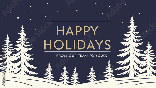 Happy holidays text over snowy forest with starry night sky