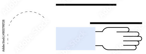 Outstretched hand in minimalist style with motion lines and curved dash, suggesting movement or action. Ideal for collaboration, communication, interaction, teamwork, support, guidance, simple flat