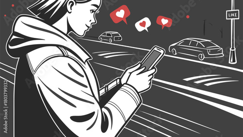 Woman using smartphone on a busy city street at night with traffic lights