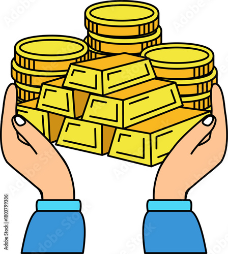 A hand is holding a pile of gold coins