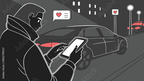 Person using smartphone at night with car and city lights in background