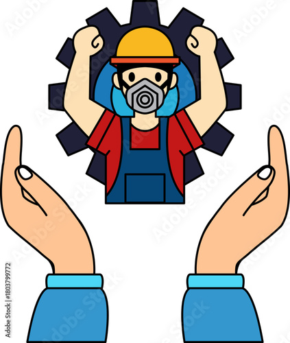 two hand holding a Labor in front of gear