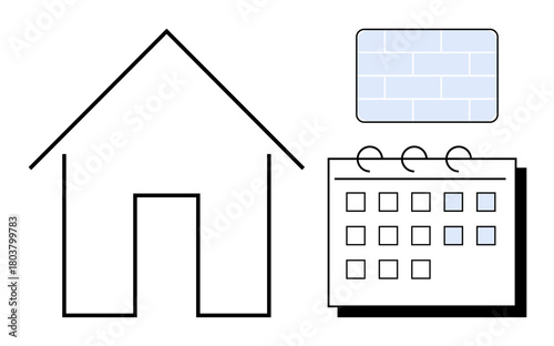 House outline with brick design block and monthly calendar representing home projects, organization, or masonry work. Ideal for real estate, construction, renovation, time management, planning