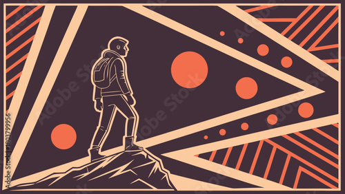 Lone explorer gazes at distant planets in a stylized cosmic landscape