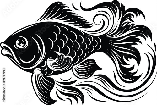 Ornamental goldfish shows stylized fins and scales in black and white color theme