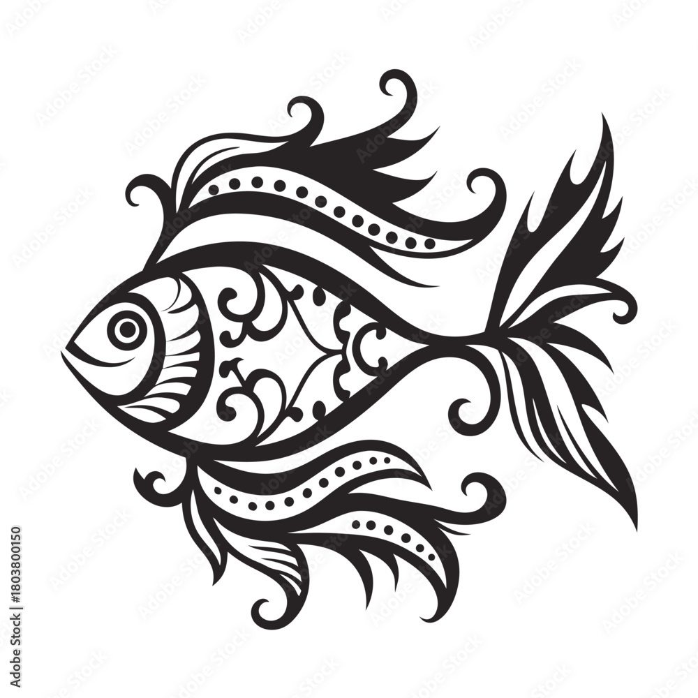 Fototapeta premium Ornate black fish displays stylized pattern, featuring decorative fins and a detailed body