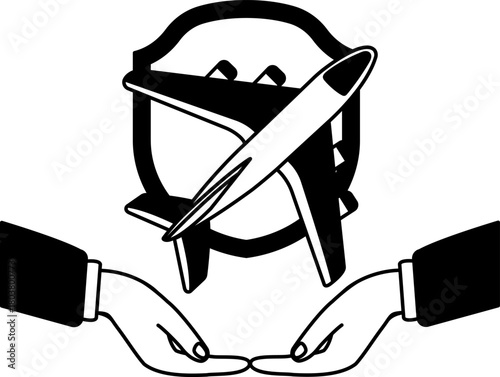 black and white illustration of two hands holding the airplane in front of the shield