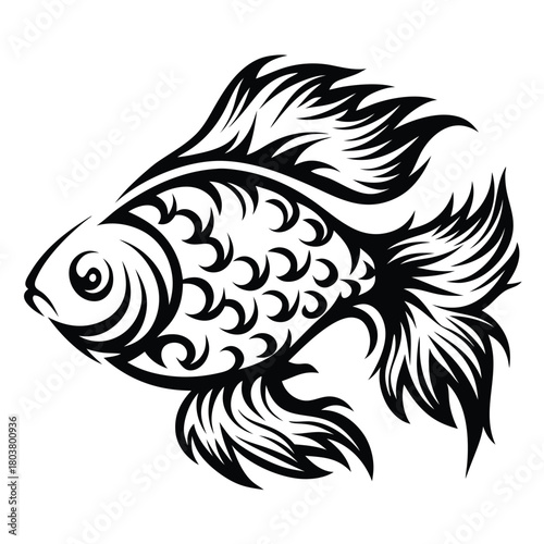 Ornate black silhouette presents a majestic fish with flowing fin and scale details