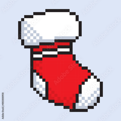A red xmas stocking icon in a retro pixel art style. This 8-bit illustration features a traditional stocking with a fluffy white cuff, perfect for holiday decorations