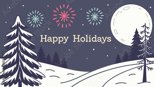 Happy holidays winter night scene with full moon and fireworks