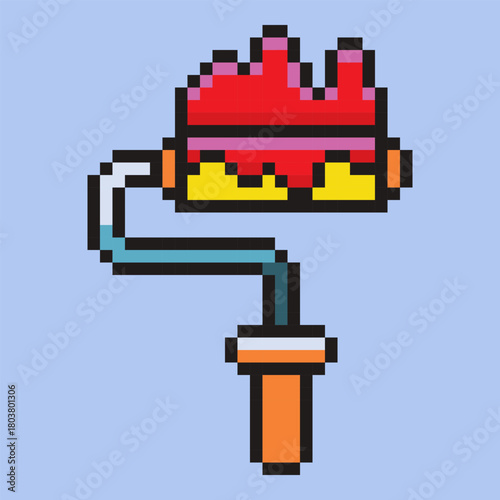 Retro pixel art of paint roller dripping with red paint. This classic 8-bit illustration is a perfect symbol for creativity, renovation, and art projects