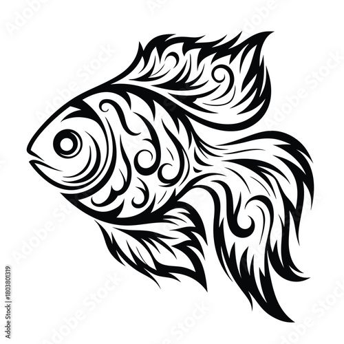 Ornate decorative fish shows tribal flair and artistic black linework on a white background