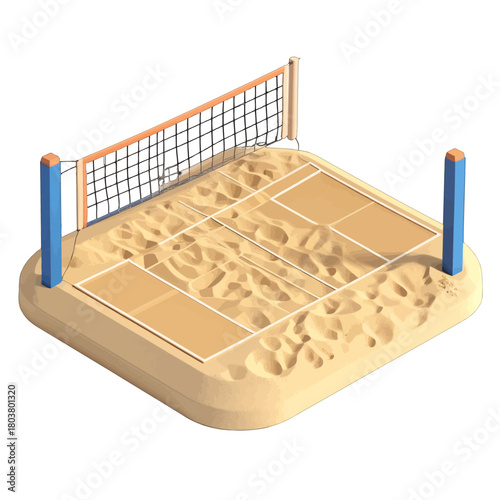 Isometric Beach Volleyball Court with Sand and Net on Sunny Day with Blue Sky and White Lines Marking Boundaries