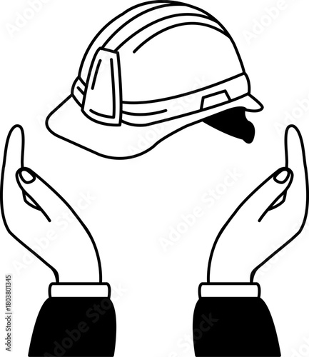 black and white illustration of A pair of hands holding a hard hat