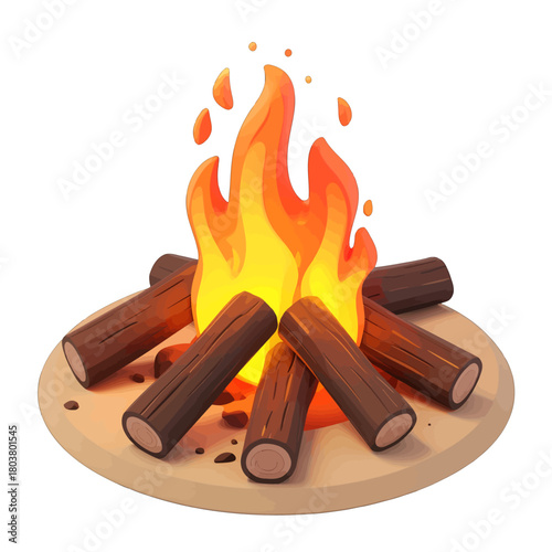 Cozy Campfire With Burning Logs And Glowing Embers On A Wooden Surface With Orange Flames
