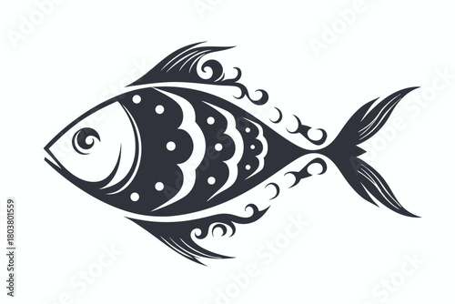 Ornate decorative fish swims to the right with swirling fin and tail details