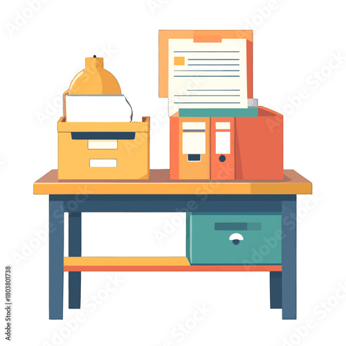 Desk with Stacked Documents Folder and Box Orange Blue and Yellow Office Supplies Organization