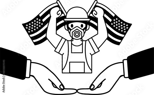 black and white illustration of Worker raise their hands in front of the American flag
