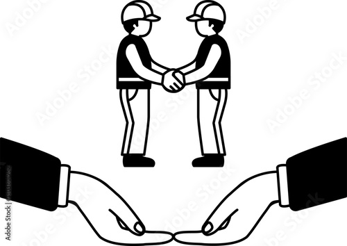 black and white illustration of Two hands are holding a Two men shake hands teamwork icon