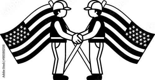 black and white illustration of Two men are shaking hands in front of an american flag