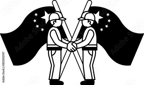 black and white illustration of Two men are shaking hands in front of a chinese flag